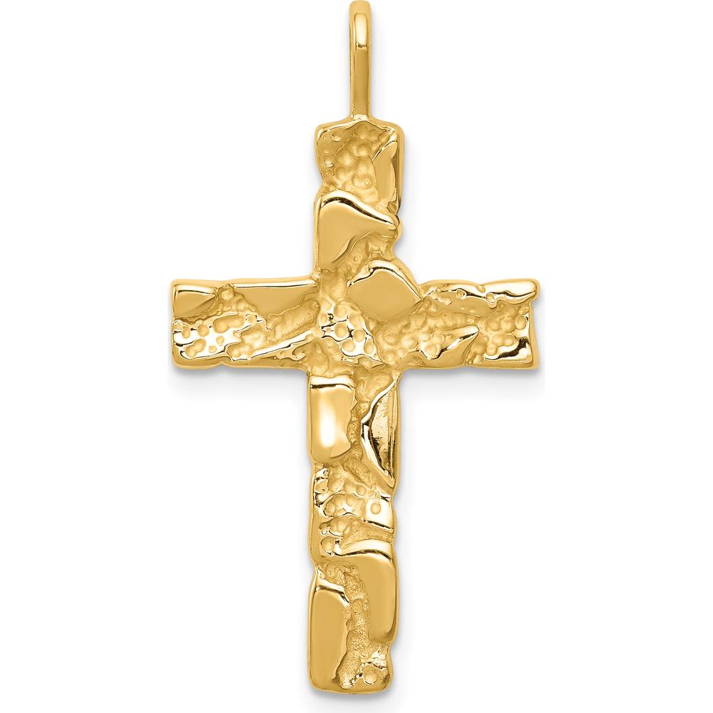 14K Yellow Gold Nugget Textured Cross Pendant - 32mm Length by Oro Pregiato