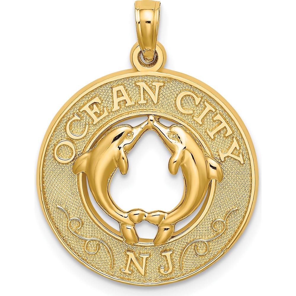 14K Yellow Gold Ocean City NJ Dolphins Charm Pendant - 19.3mm by Oro Pregiato