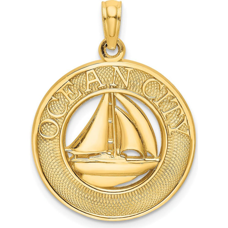 14K Yellow Gold Ocean City Sailboat Pendant with Textured Detail - 19.1mm by Oro Pregiato