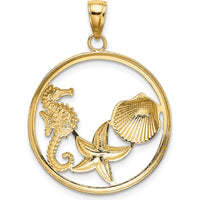 14K Yellow Gold Ocean-Inspired Pendant with Scallop Shell, Seahorse, and Starfish Charm - Rhodium Accents by Oro Pregiato