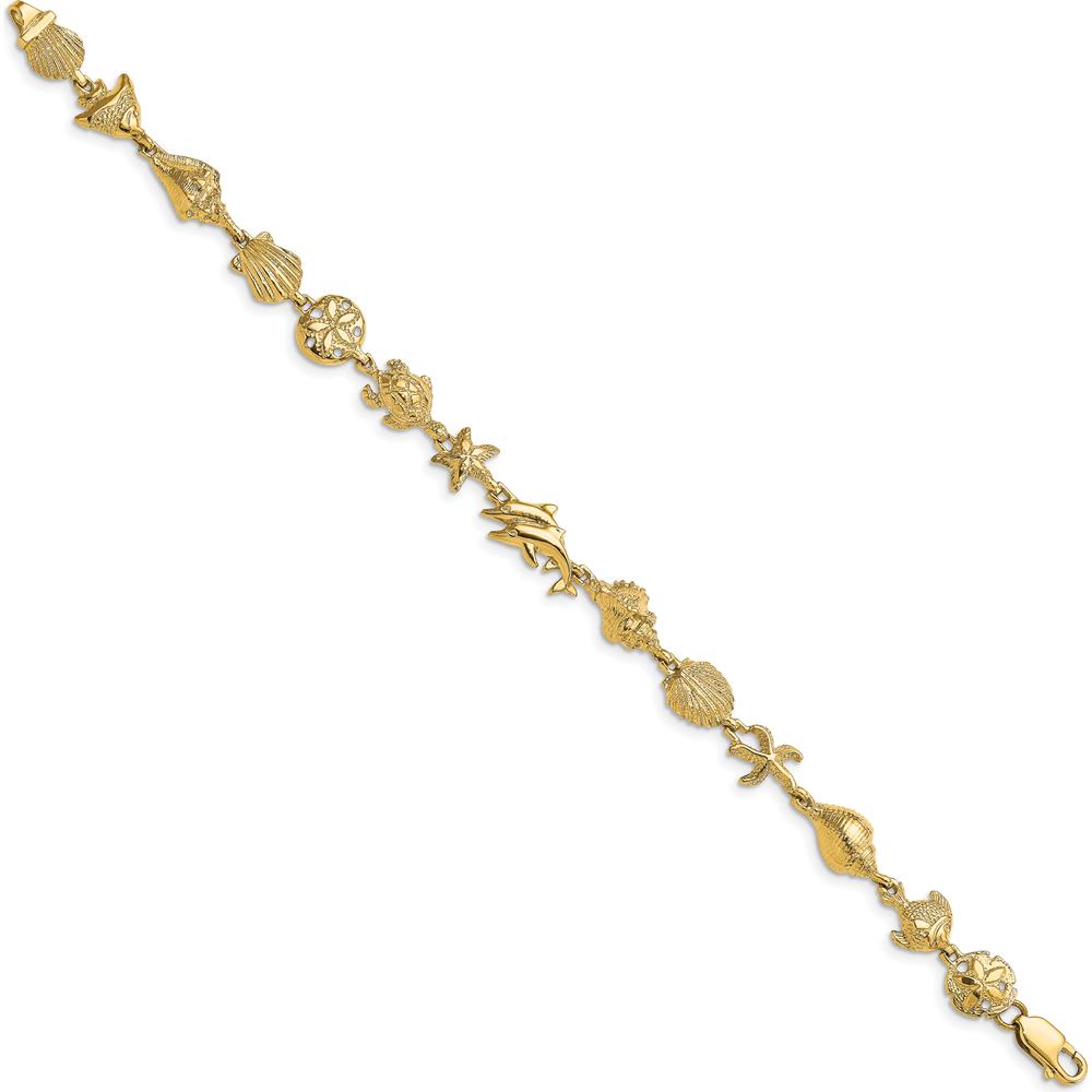 14K Yellow Gold Ocean Motif Bracelet with Seashell and Fish Design - 7.25" by Oro Pregiato