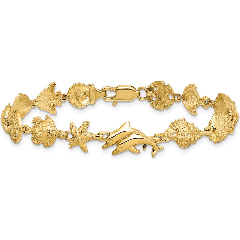 14K Yellow Gold Ocean Motif Bracelet with Seashell and Fish Design - 7.25" by Oro Pregiato