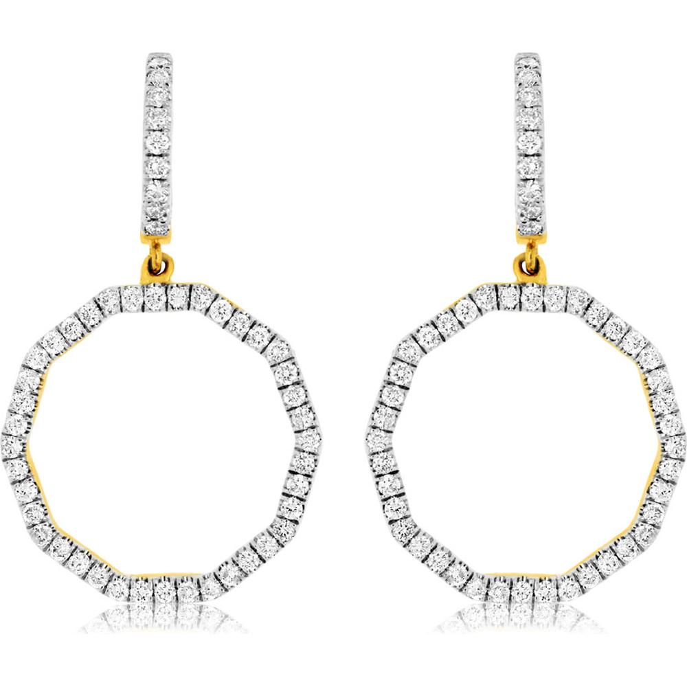 14K Yellow Gold Octagonal Diamond Earrings with Pave Set Round Diamonds - 0.90 Carats Total Diamond Weight