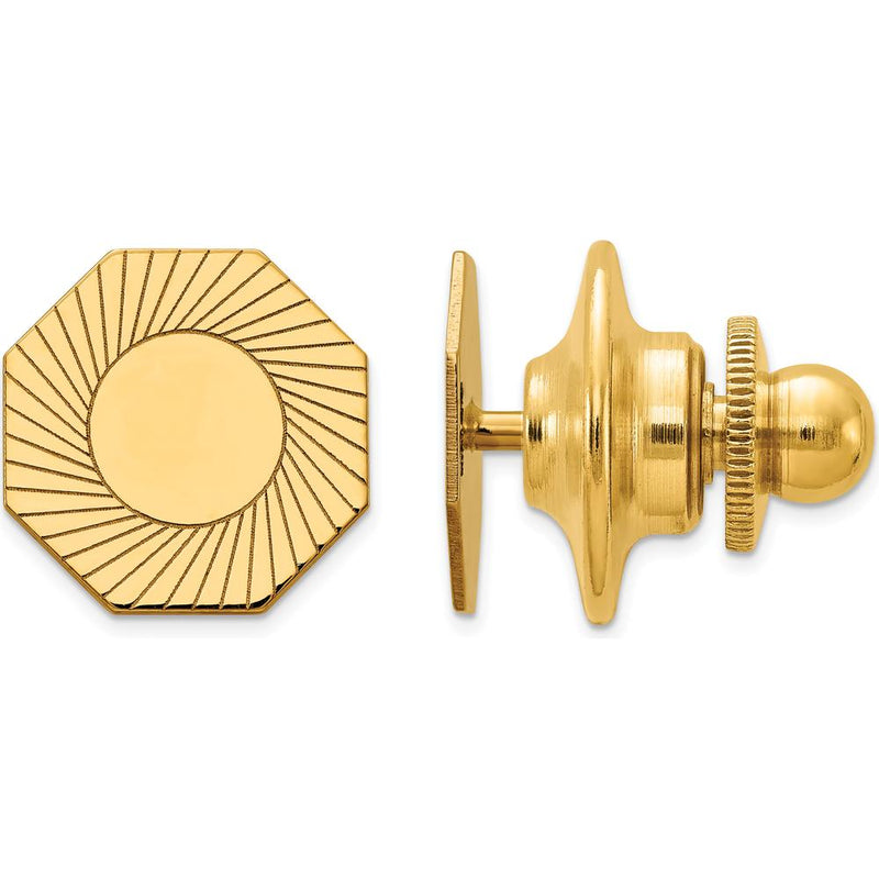 14K Yellow Gold Octagonal Grooved Design Tie Tac with Polished Sunburst Detail by Oro Pregiato