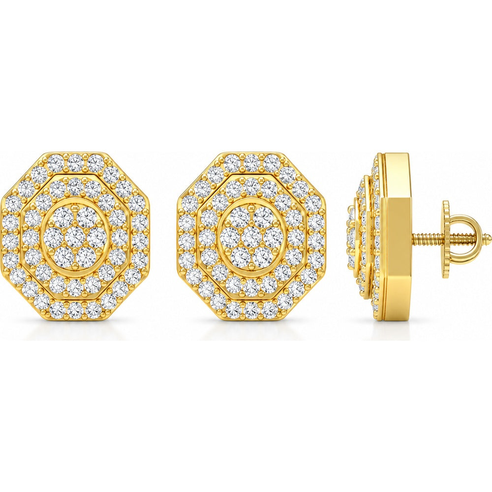 14K Yellow Gold Octagonal Stud Earrings with Pavé Set Round Diamonds - 0.61 Carat Total Diamond Weight by Auriventus