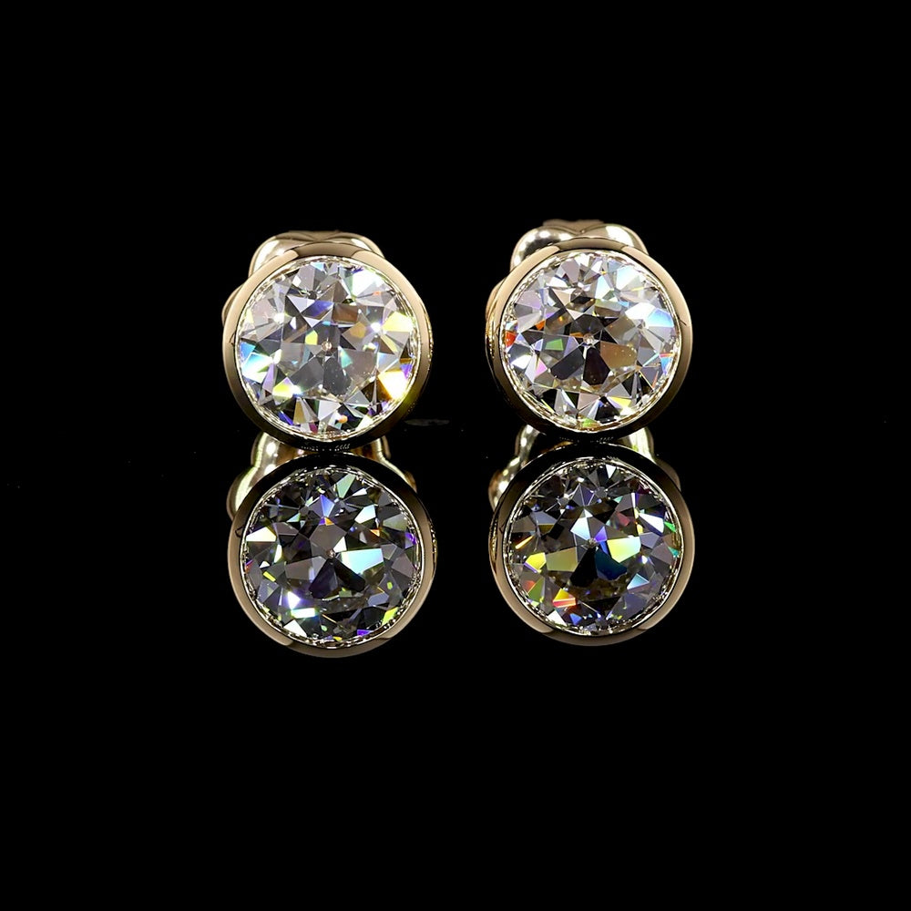 14K Yellow Gold Old European Cut Lab Diamond Stud Earrings with Bezel Setting - 2.03 Carat Total Weight, D Color VS1 Clarity - Covaloro Fine Jewelry
