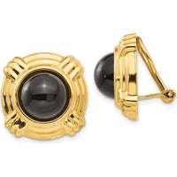 14K Yellow Gold Omega Clip-On Earrings with Round Onyx Stones - 2.0 Carat Total Gem Weight by Oro Pregiato