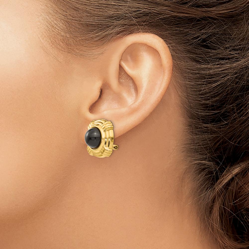 14K Yellow Gold Omega Clip-On Earrings with Round Onyx Stones - 2.0 Carat Total Gem Weight by Oro Pregiato