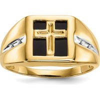 14K Yellow Gold Onyx and Diamond Cross Men's Ring - 0.02 Carat Total Diamond Weight by 0