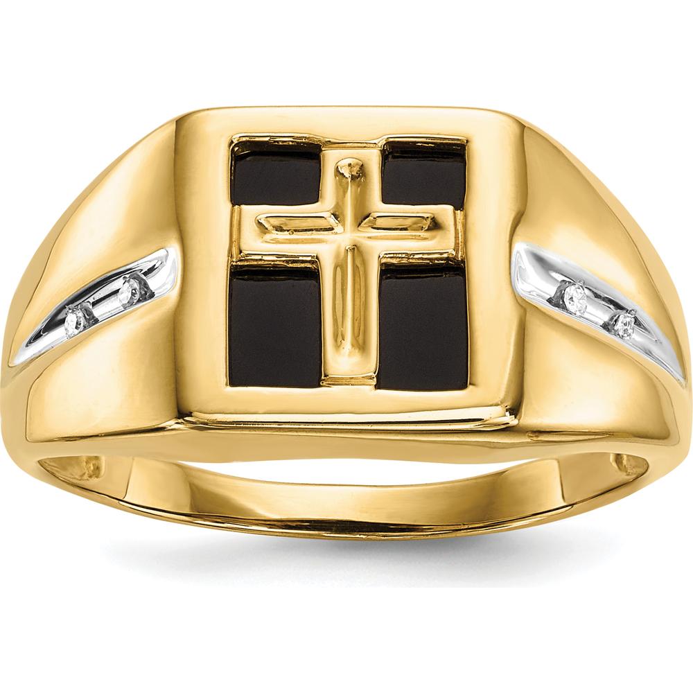 14K Yellow Gold Onyx and Diamond Cross Men's Ring - 0.02 Carat Total Diamond Weight by 0