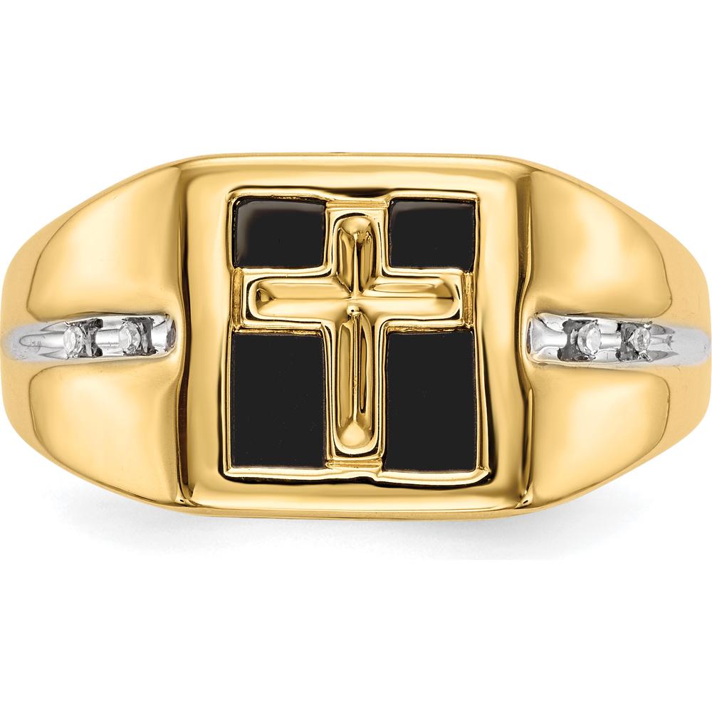 14K Yellow Gold Onyx and Diamond Cross Men's Ring - 0.02 Carat Total Diamond Weight by 0