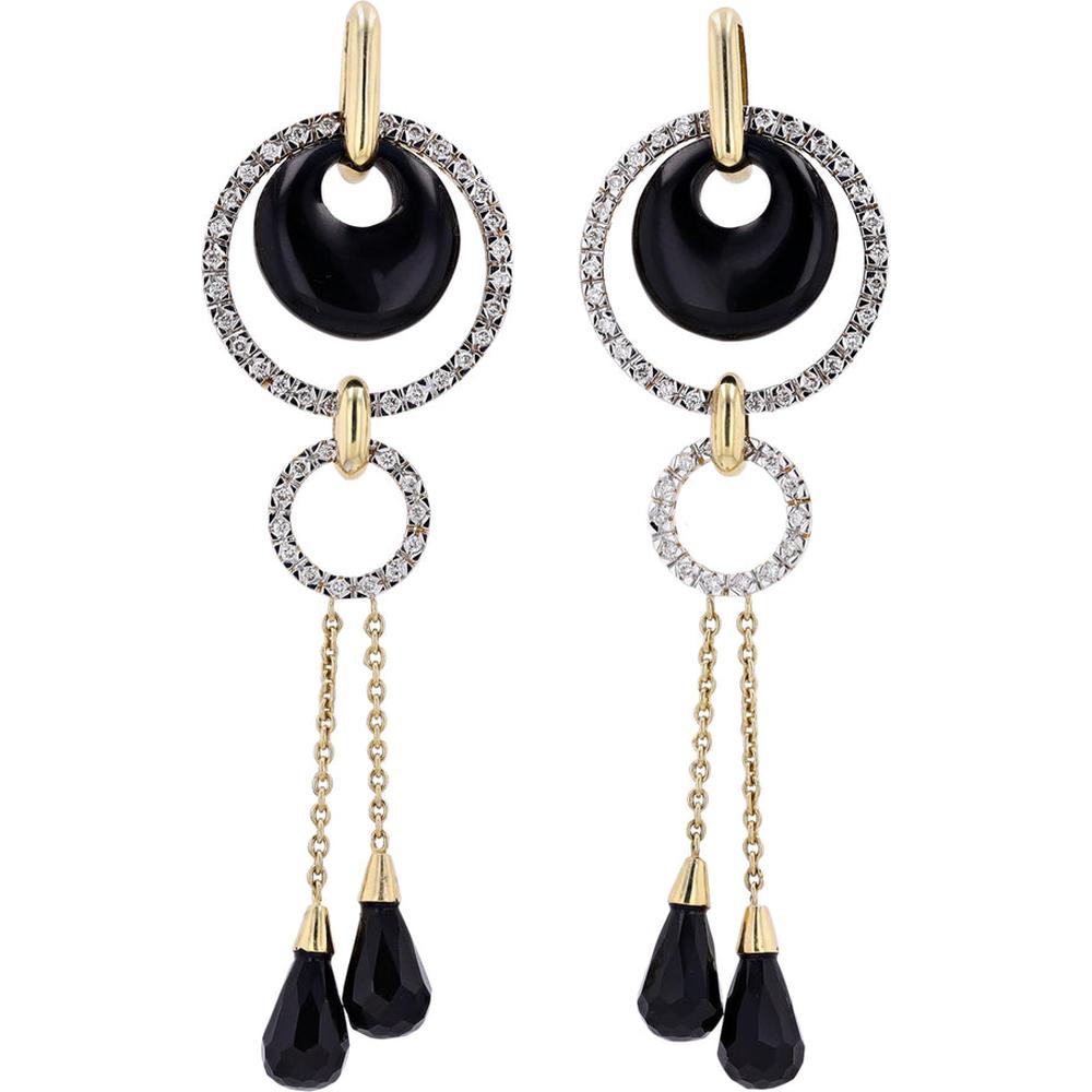 14K Yellow Gold Onyx & Diamond Drop Earrings - Radiant Sophistication