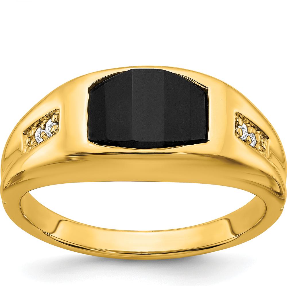 14K Yellow Gold Onyx and Diamond Men's Ring with Barrel Cut Onyx and Round Diamonds - 3.755 Carat Onyx, 0.025 Carat Diamond Total Weight by 0