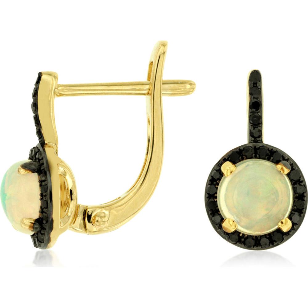 14K Yellow Gold Opal & Black Diamond Drop Earrings - 2.00 Carats Total Opal Weight, 0.36 Carats Total Black Diamond Weight