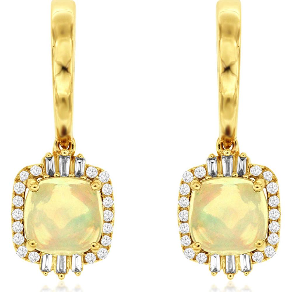 14K Yellow Gold Opal & Diamond Drop Earrings - 1.80 Carats Opal and 0.29 Carats Diamond Total Weight
