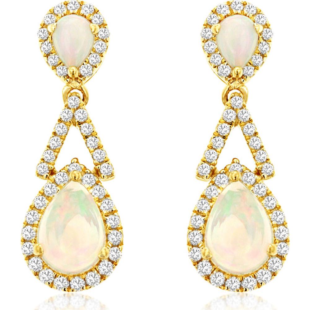 14K Yellow Gold Opal & Diamond Drop Earrings with Halo Setting - 1.39 Carats Total Opal Weight, 0.39 Carats Diamond Weight