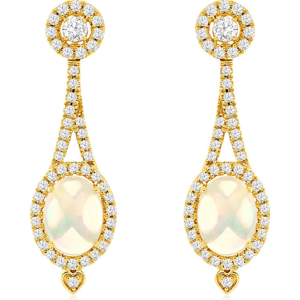 14K Yellow Gold Opal & Diamond Drop Earrings with Heart-Shaped Diamond Accent - 1.8 Carats Total Diamond Weight