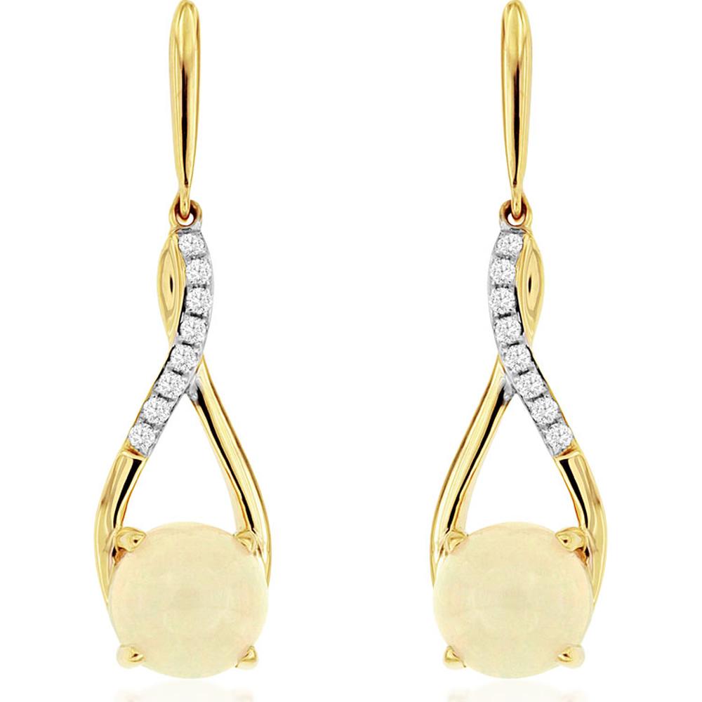 14K Yellow Gold Opal & Diamond Drop Earrings with Milgrain Detailing - 1.70 Carats Opal, 0.10 Carats Diamond Total Weight