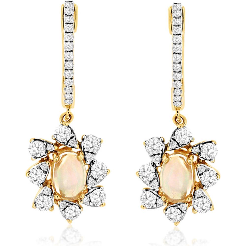 14K Yellow Gold Opal & Diamond Drop Earrings with Oval Opals - 0.62 Carats Total Opal Weight