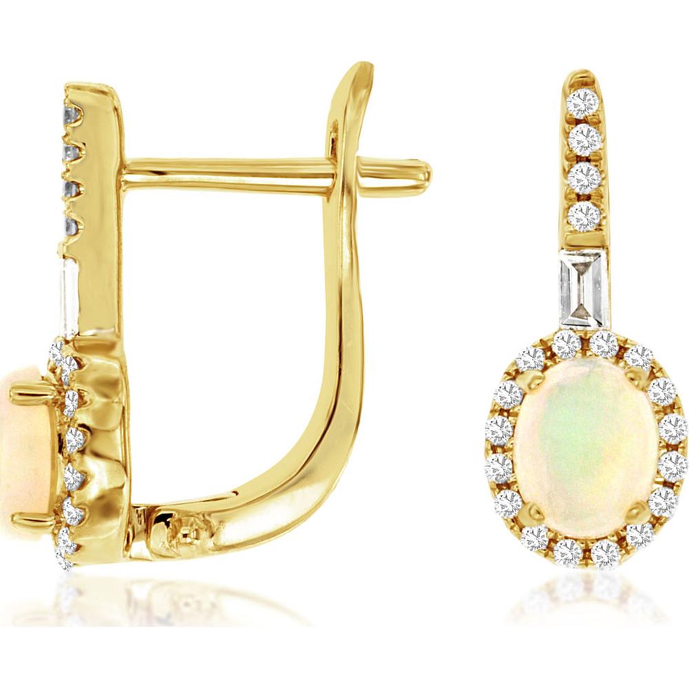 14K Yellow Gold Opal and Diamond Halo Earrings - 0.40 Carats Total Opal Weight, 0.40 Carats Total Diamond Weight