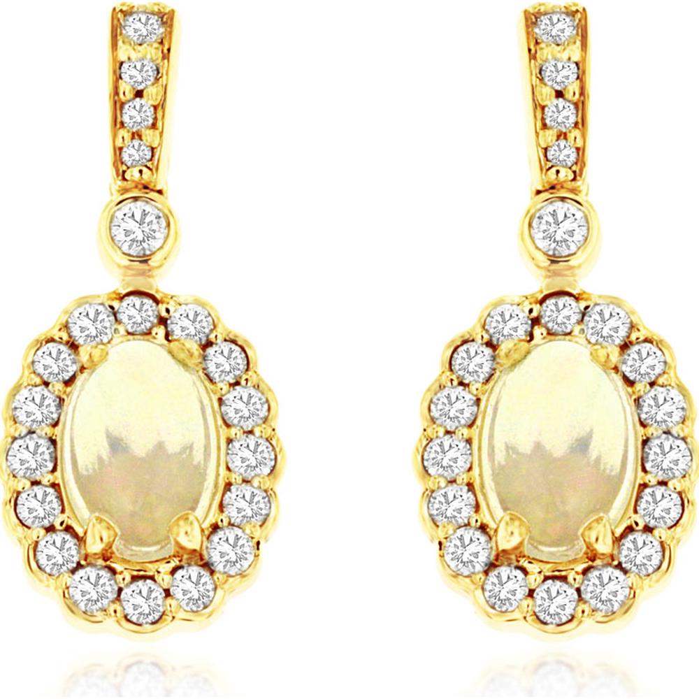 14K Yellow Gold Opal & Diamond Halo Earrings - 0.93 Carats Total Gem Weight