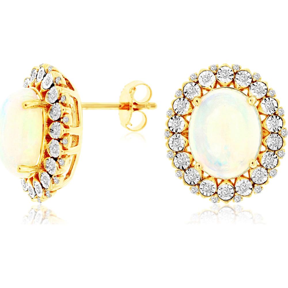 14K Yellow Gold Opal and Diamond Halo Earrings - 3.40 Carats Opal, 0.25 Carats Total Diamond Weight