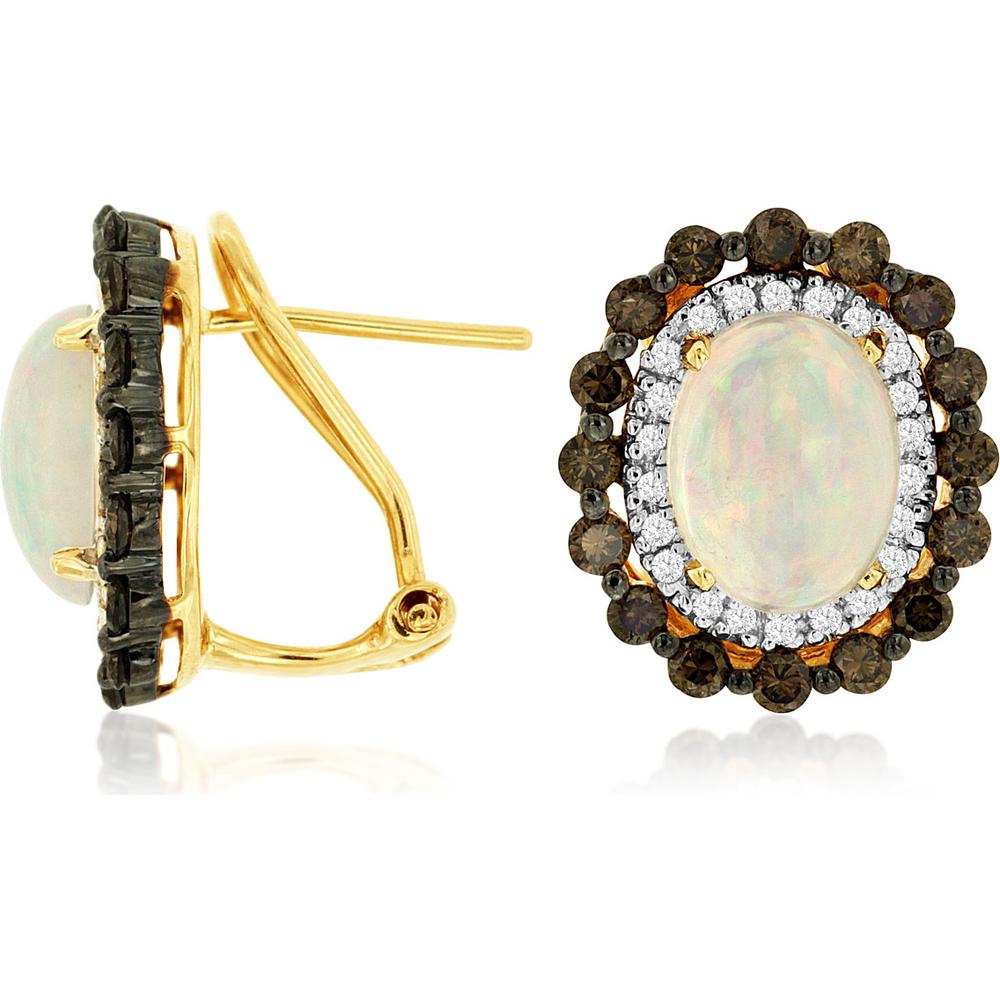 14K Yellow Gold Opal & Diamond Halo Earrings with Mocha Diamonds - 3.28 Carats Total Gem Weight