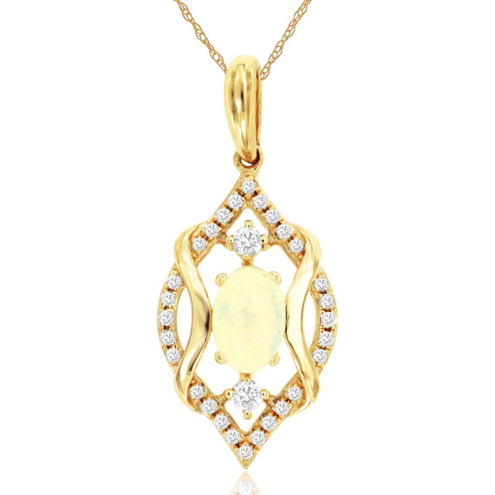 14K Yellow Gold Opal and Diamond Halo Pendant - 0.30 Carat Oval Opal with 0.12 Carat Total Diamond Accents - Royal Jewelry