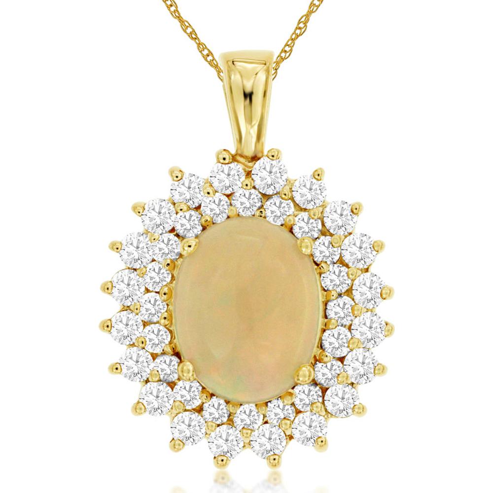 14K Yellow Gold Opal & Diamond Halo Pendant with 1.70 Carats Oval Opal and 1.00 Carats Total Diamond Weight