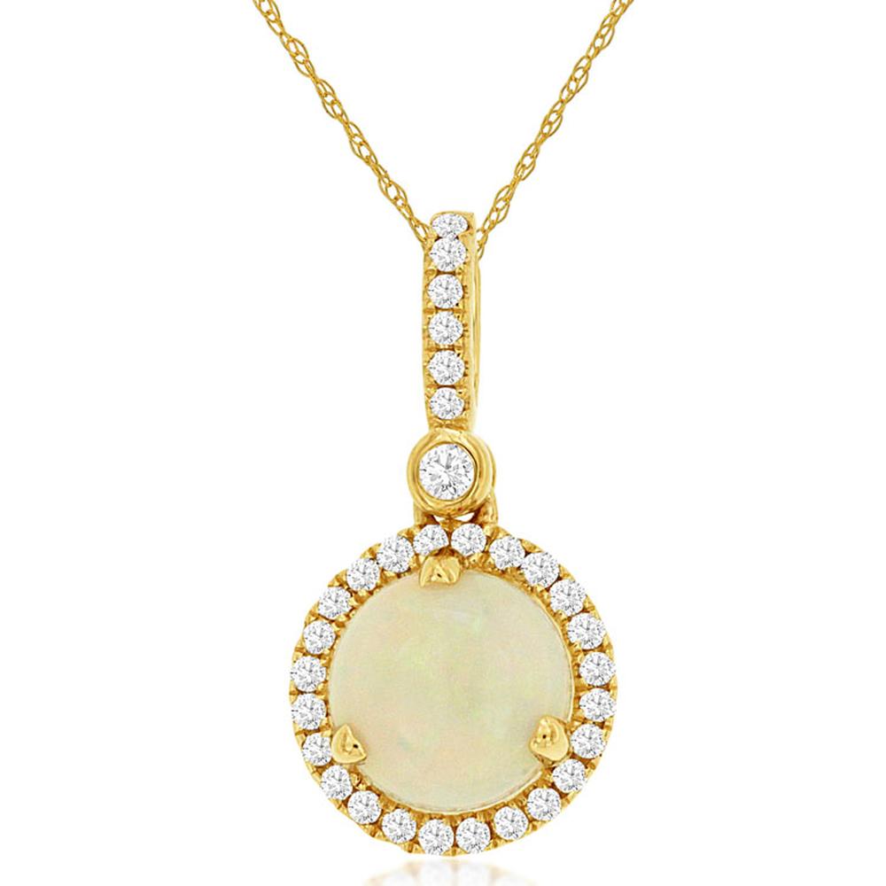 14K Yellow Gold Opal and Diamond Halo Pendant with Round Opal – 0.70 Carat Opal and 0.18 Carat Total Diamond Weight - Royal Jewelry