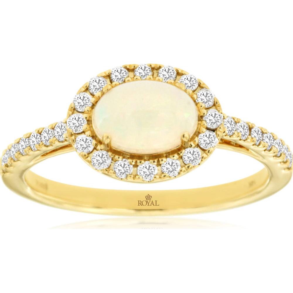 14K Yellow Gold Opal and Diamond Halo Ring - 0.50 Carats Opal & 0.33 Carats Diamond Total Weight