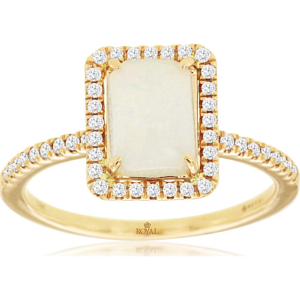 14K Yellow Gold Opal & Diamond Halo Ring - 0.95 Carats Opal and 0.20 Carats Total Diamond Weight