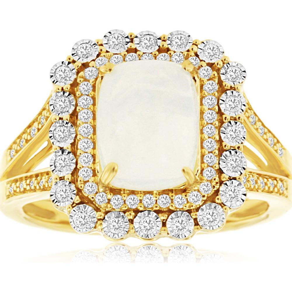 14K Yellow Gold Opal & Diamond Halo Ring - 1.10 Carats Opal, 0.33 Carats Diamond Total Weight