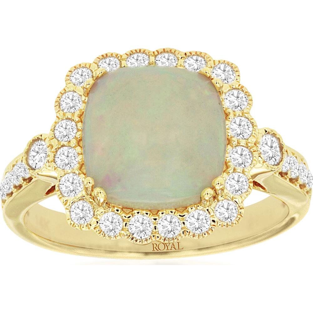 14K Yellow Gold Opal & Diamond Halo Ring - 1.70 Carats Opal & 0.50 Carats Diamond Total Weight