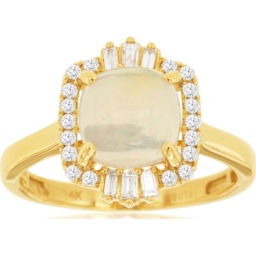 14K Yellow Gold Opal & Diamond Halo Ring with Cushion Cut Opal - 1.4 Carats Opal & 0.21 Carats Diamond Total Weight
