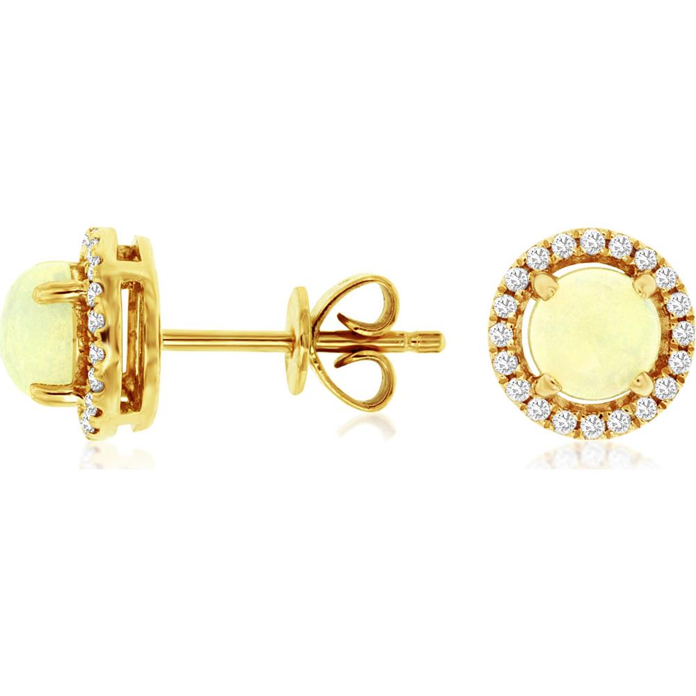 14K Yellow Gold Opal & Diamond Halo Stud Earrings - 0.60 Carat Total Opal Weight, 0.15 Carat Total Diamond Weight - Royal Jewelry