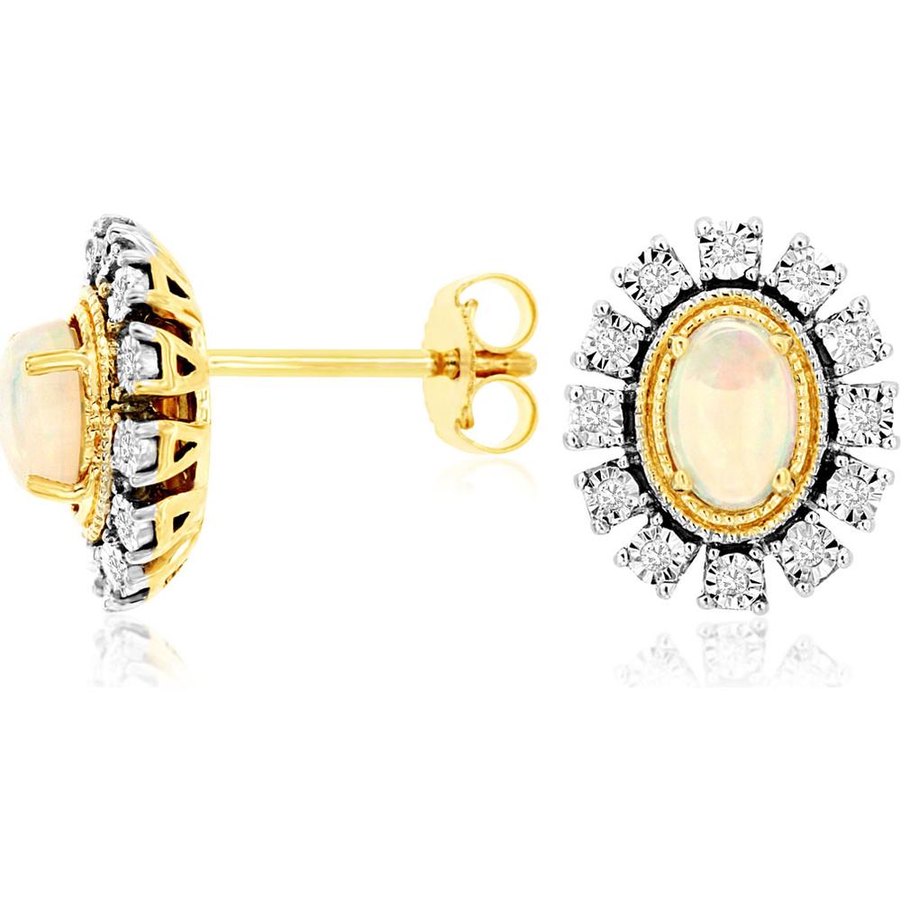 14K Yellow Gold Opal & Diamond Halo Stud Earrings - 1.20 Carats Total Opal and Diamond Weight
