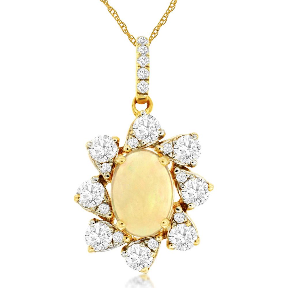 14K Yellow Gold Opal & Diamond Pendant Necklace with Floral Design - 0.50 Carats Opal, 0.47 Carats Diamond Total Weight