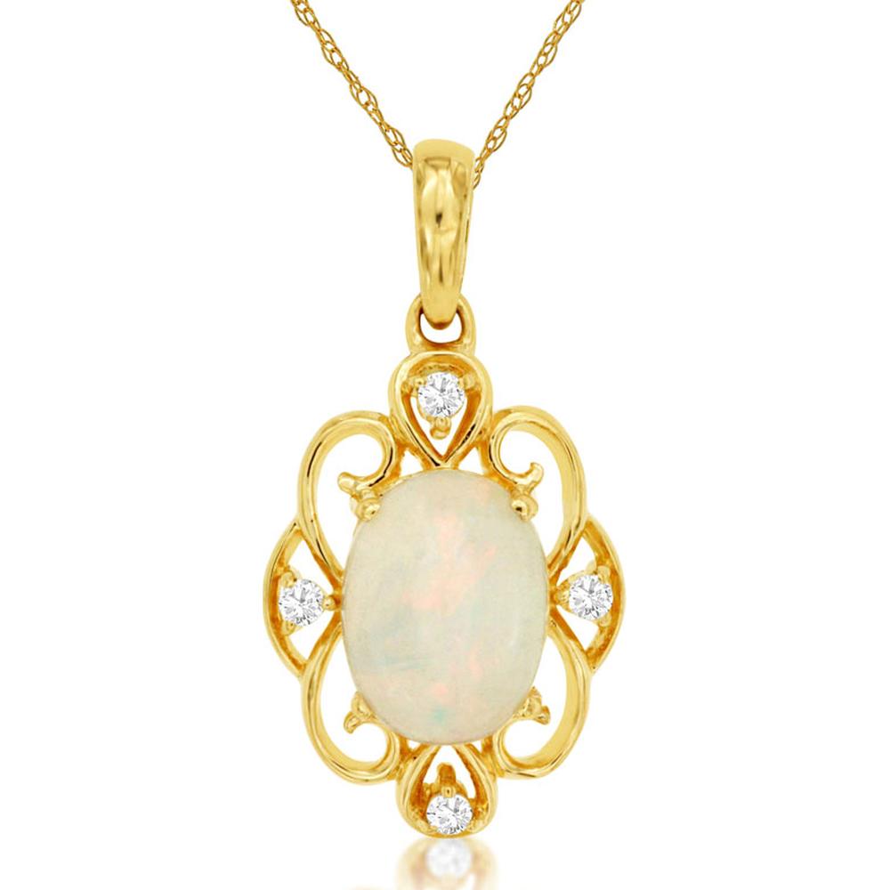 14K Yellow Gold Opal & Diamond Pendant with Oval Opal - 0.90 Carats Opal, 0.04 Carats Total Diamond Weight