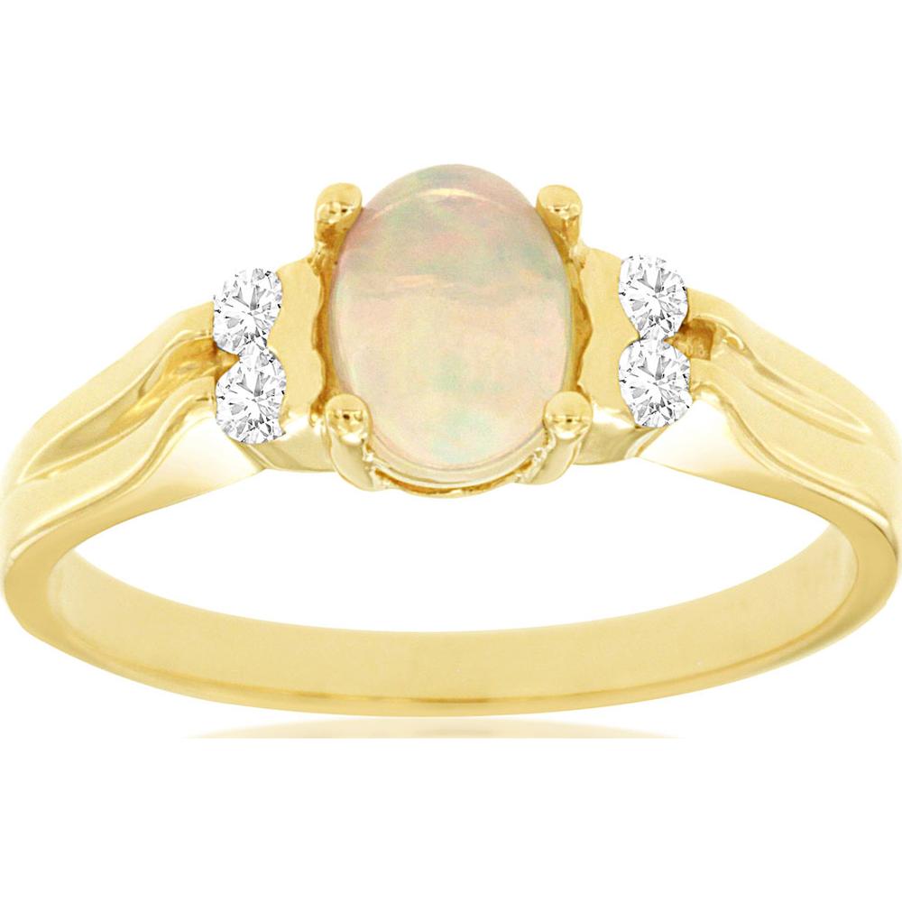 14K Yellow Gold Opal & Diamond Ring - 0.50 Carats Total Opal Weight, 0.10 Carats Total Diamond Weight