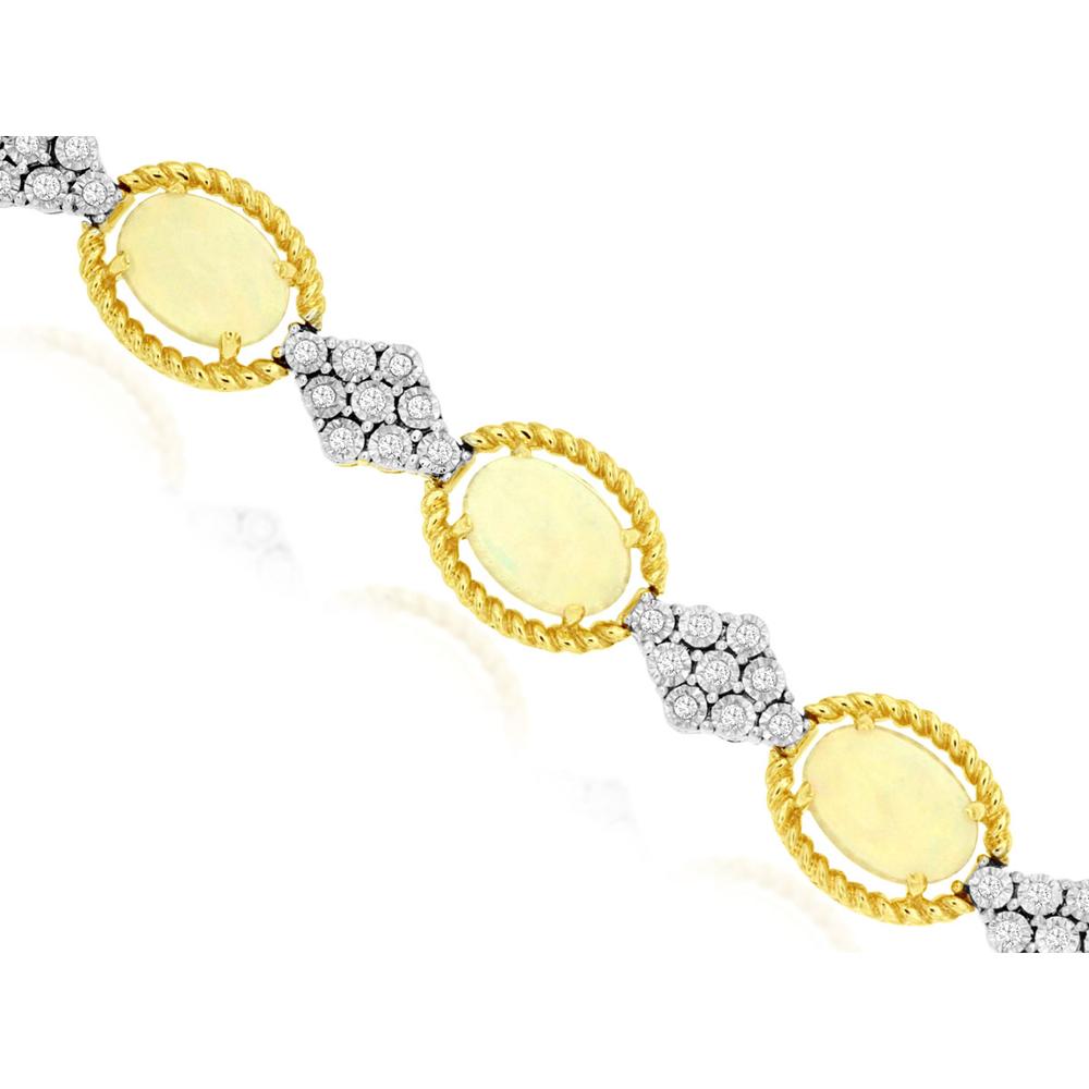 14K Yellow Gold Opal & Diamond Station Bracelet with Oval Opals and Round Pavé Diamonds - 6.33 Total Carat Weight - Royal Jewelry