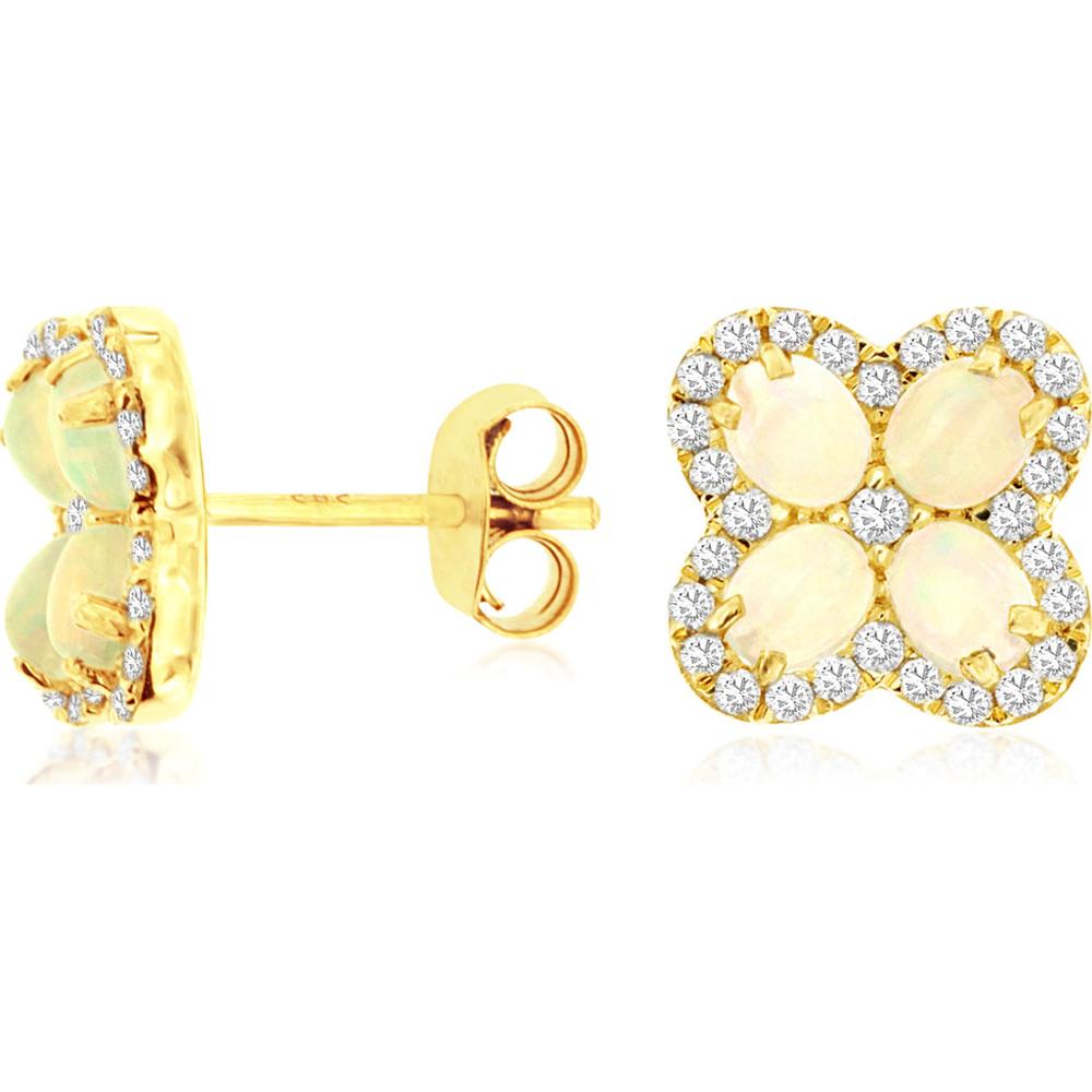 14K Yellow Gold Opal & Diamond Stud Earrings - 1.10 Carats Opal, 0.35 Carats Diamond Total Weight