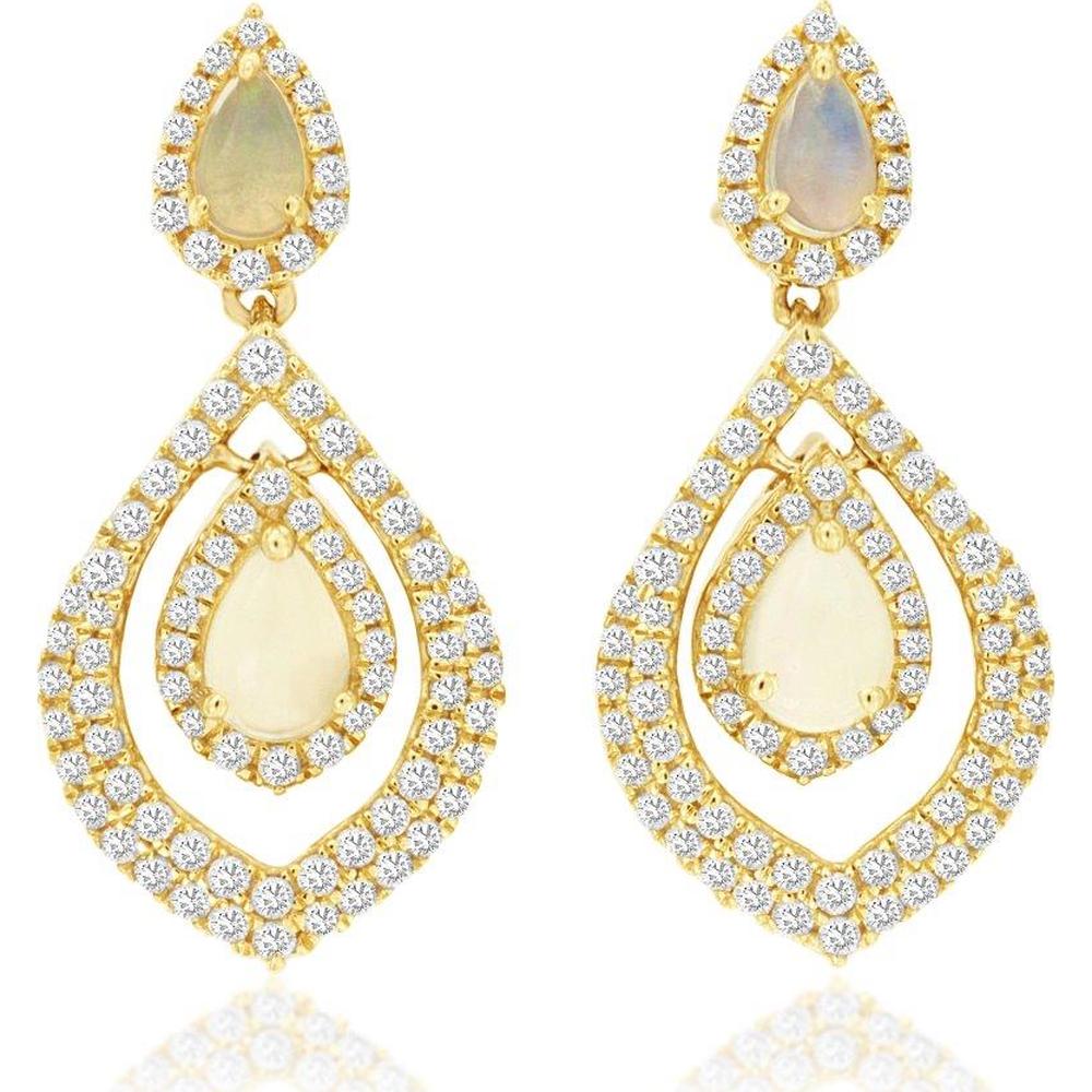 14K Yellow Gold Opal and Diamond Teardrop Earrings - 1.68 Carats Total Diamond and Opal Weight