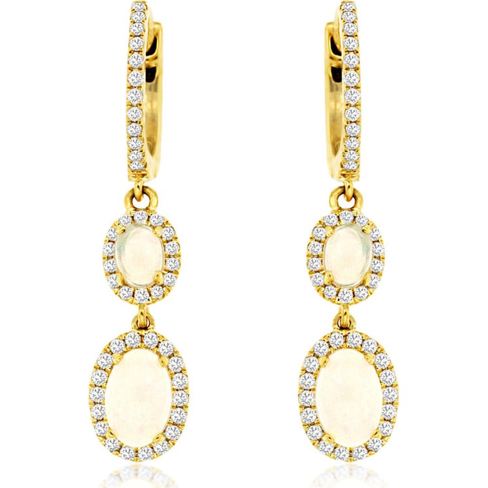 14K Yellow Gold Opal Drop Earrings with Diamond Halo - 1.10 Carats Total Gem Weight