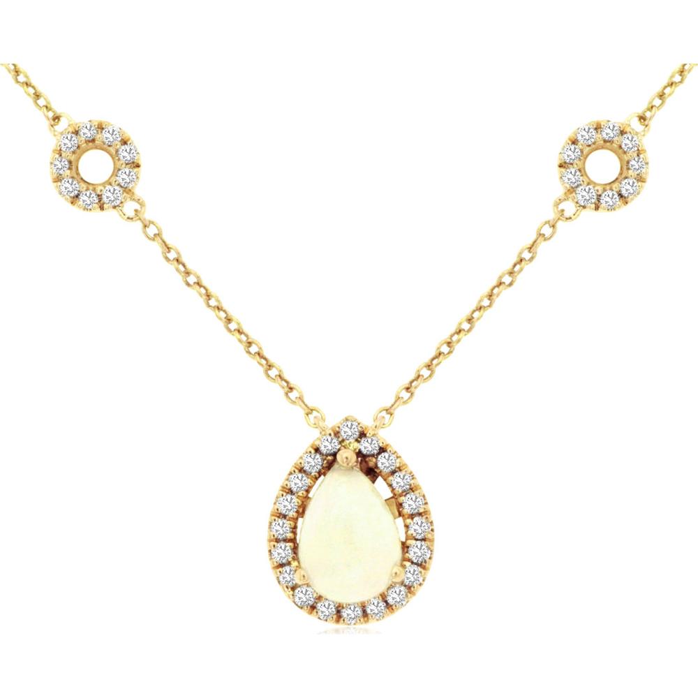 14K Yellow Gold Opal Pendant Necklace with Round Diamond Halo - 0.40 Carats Opal & 0.25 Carats Diamond Total Weight