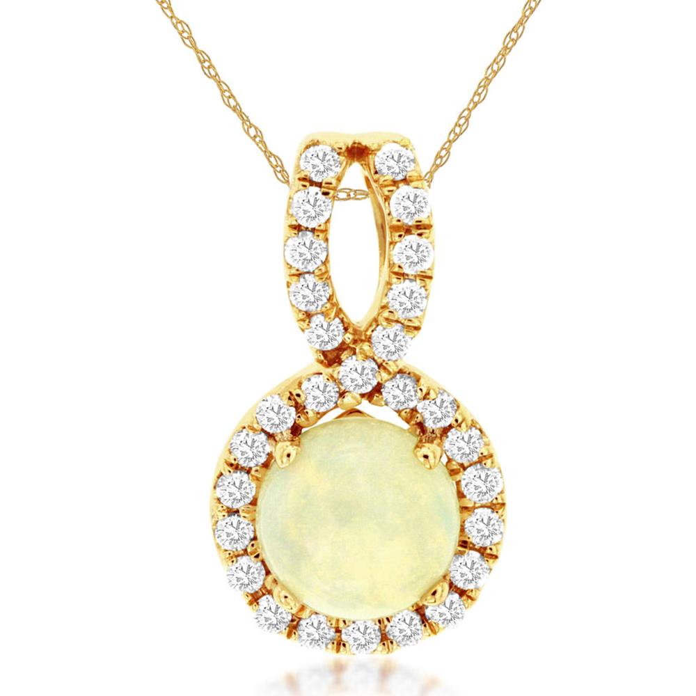 14K Yellow Gold Opal Pendant with 0.50 Carat Round Opal and 0.20 Carat Diamond Halo - Royal Jewelry