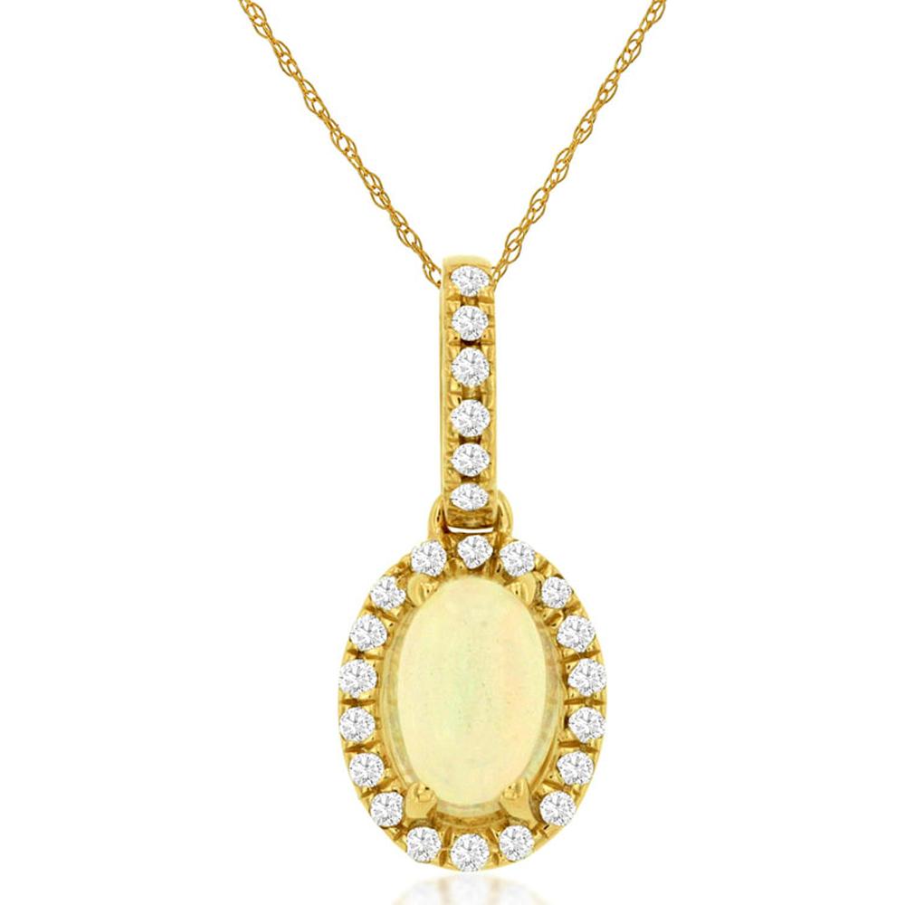 14K Yellow Gold Opal Pendant with Diamond Halo - 0.50 Carats Opal, 0.12 Carats Total Diamond Weight
