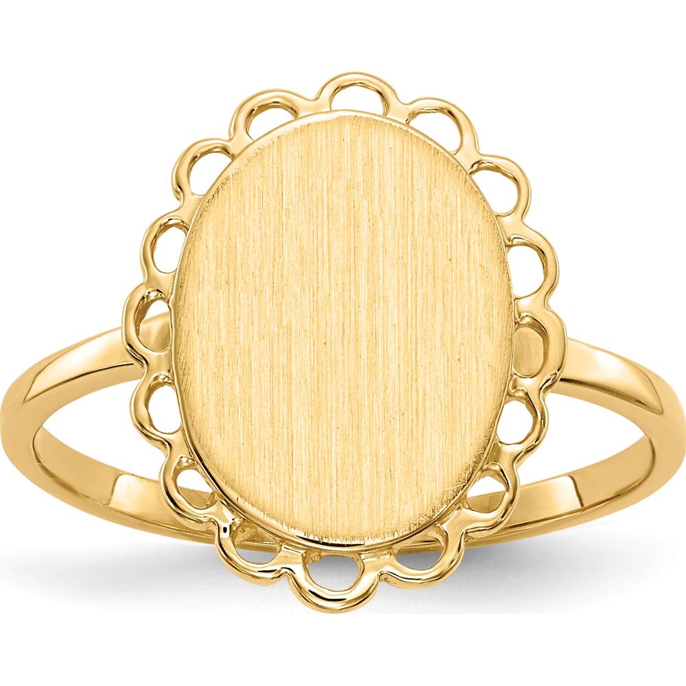 14K Yellow Gold Open Back Signet Ring with Satin and Polished Finish - Engravable 13mm Oval Top by 0