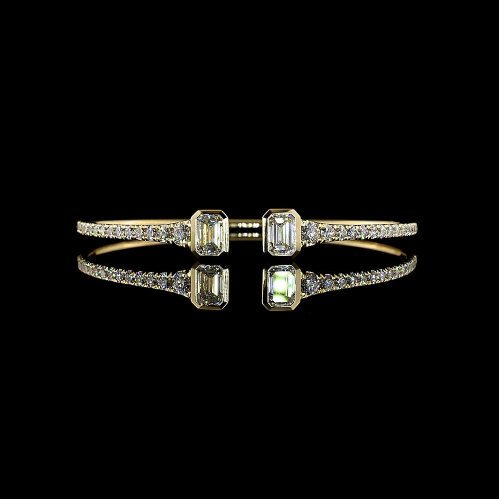 14K Yellow Gold Open Bangle Bracelet with Bezel Set Emerald Cut Lab Diamonds & Brilliant Round Accents - 3.46 Carats Total Diamond Weight - Covaloro Fine Jewelry