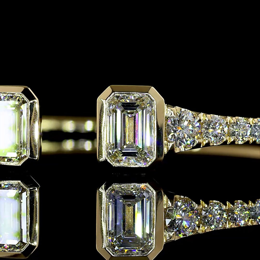 14K Yellow Gold Open Bangle Bracelet with Bezel Set Emerald Cut Lab Diamonds & Brilliant Round Accents - 3.46 Carats Total Diamond Weight - Covaloro Fine Jewelry